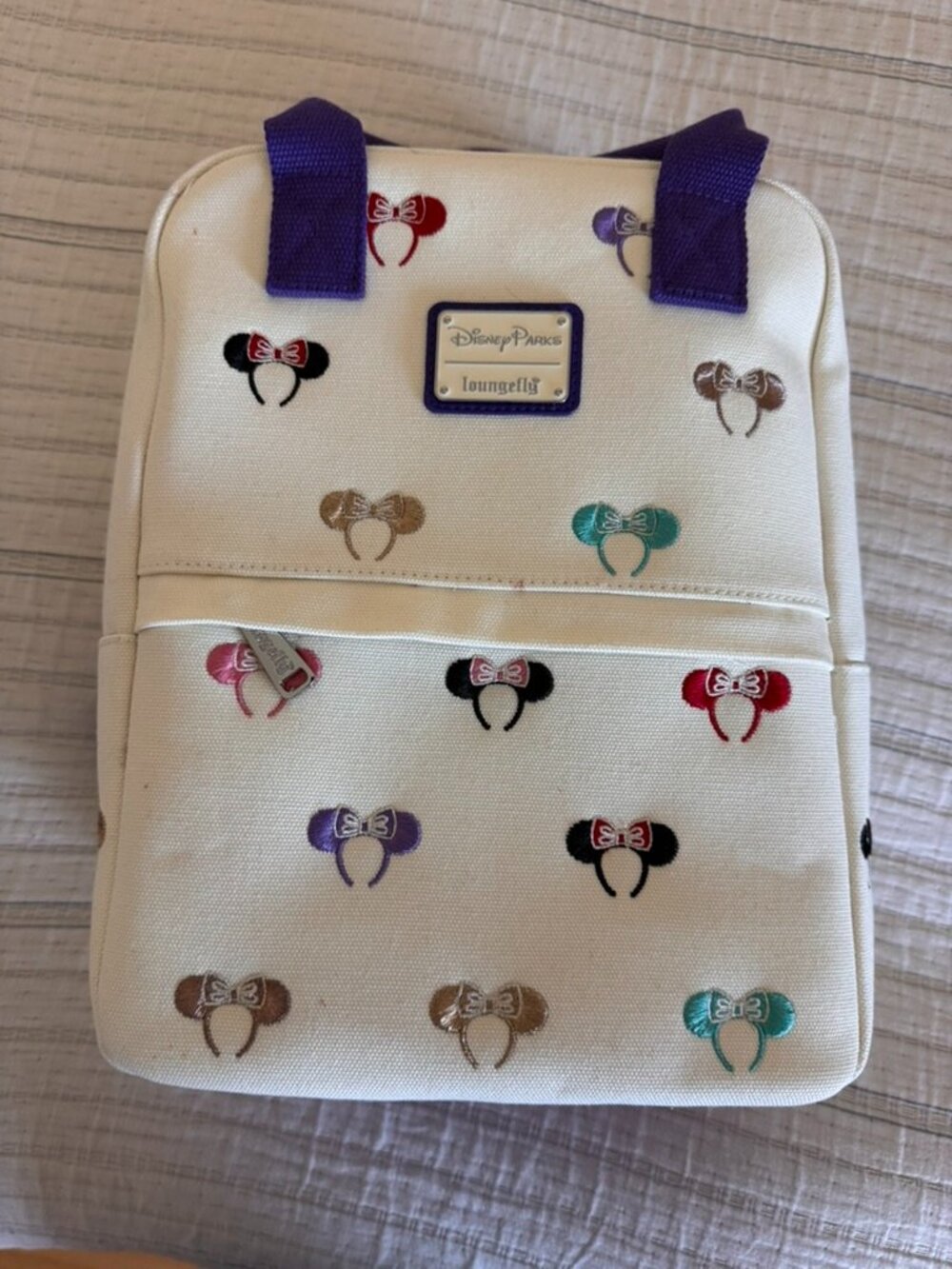 Disney Parks Loungefly Minnie Mouse Ears Embroidered Mini Backpack Ivory Purple